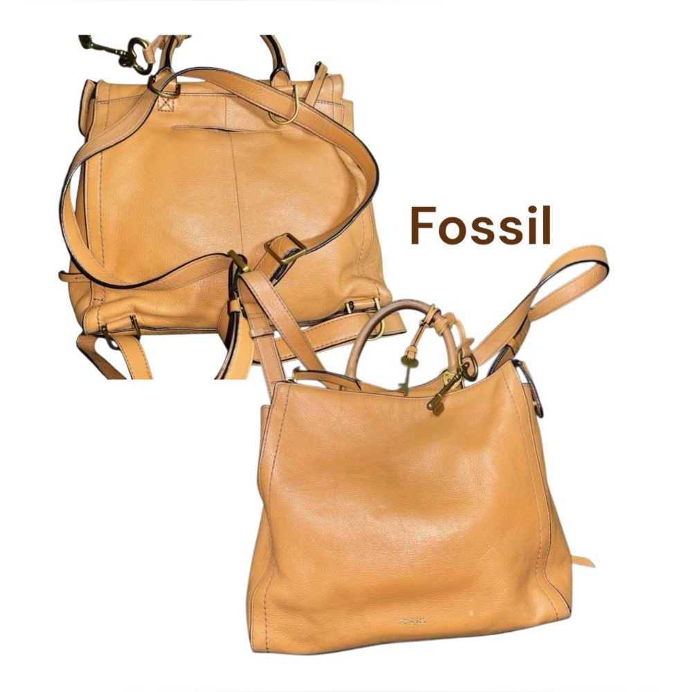 Fossil Parker style woman's brown leather backpack with key charm everyday bag